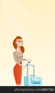 Business class passenger standing near suitcase and holding priority luggage tag. Young smiling caucasian business woman showing travel insurance tag. Vector cartoon illustration. Vertical layout.. Caucasian business woman showing luggage tag.