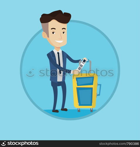 Business class passenger standing near suitcase with priority luggage tag. Smiling caucasian businessman showing luggage tag. Vector flat design illustration in the circle isolated on background.. Caucasian businessman showing luggage tag.