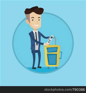 Business class passenger standing near suitcase with priority luggage tag. Smiling caucasian businessman showing luggage tag. Vector flat design illustration in the circle isolated on background.. Caucasian businessman showing luggage tag.
