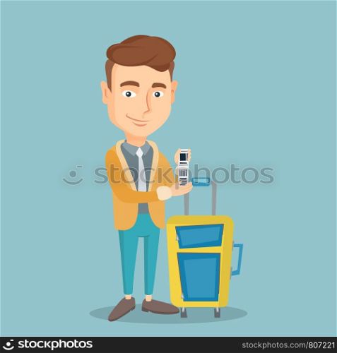 Business class passenger standing near suitcase with priority luggage tag. Young caucasian businessman showing travel insurance tag. Vector flat design illustration. Square layout.. Caucasian businessman showing luggage tag.