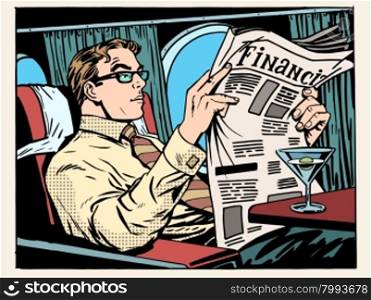 Business class plane businessman reading Newspapers and drinking a cocktail pop art retro style. Travel and business trips. Transport and aircraft. News and financial advice. Business class plane businessman reads the press