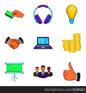 Business client support icon set. Cartoon set of 9 business client support vector icons for web design isolated on white background. Business client support icon set, cartoon style