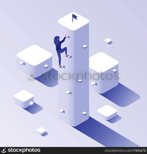 Business climbing target. Progress success, career growth ambition and motivation effort. Successful leadership hiker, corporate office career climb steps isometric vector concept illustration. Business climbing target. Progress success, career growth ambition and motivation effort isometric vector concept illustration