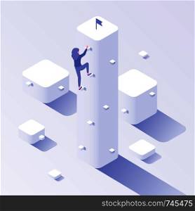 Business climbing target. Progress success, career growth ambition and motivation effort. Successful leadership hiker, corporate office career climb steps isometric vector concept illustration. Business climbing target. Progress success, career growth ambition and motivation effort isometric vector concept illustration
