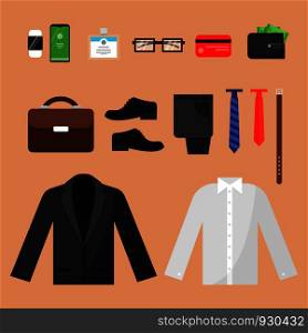Business clothes. Fashion for office managers male pants shirt watches belt socks and other vector top view items isolated. Male fashion shoes and phone, belt and clock illustration. Business clothes. Fashion for office managers male pants shirt watches belt socks and other vector top view items isolated