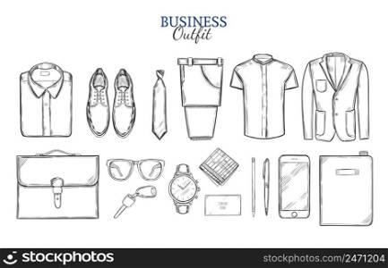Business clothing sketch set with shirt shoes tie trousers jacket bag watch key wallet and devices isolated vector illustration. Business Clothing Sketch Set