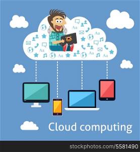 Business cloud computing concept with programmer and mobile devices vector illustration