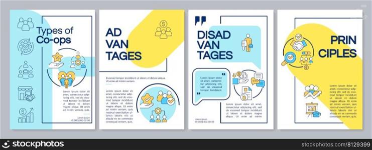 Business co-ops blue and yellow brochure template. Partnership work. Leaflet design with linear icons. 4 vector layouts for presentation, annual reports. Questrial, Lato-Regular fonts used. Business co-ops blue and yellow brochure template