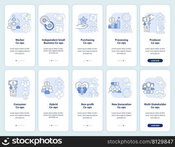 Business co-ops types light blue onboarding mobile app screen set. Walkthrough 5 steps graphic instructions pages with linear concepts. UI, UX, GUI template. Myriad Pro-Bold, Regular fonts used. Business co-ops types light blue onboarding mobile app screen set