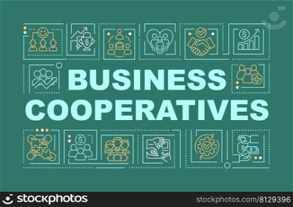 Business co-ops word concepts dark green banner. Company management. Infographics with icons on color background. Isolated typography. Vector illustration with text. Arial-Black font used. Business co-ops word concepts dark green banner
