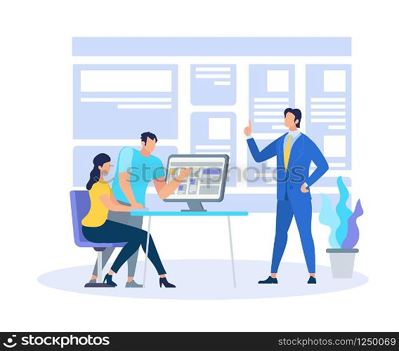 Business Coach Demonstrating Learning Information in Classroom at Huge Interactive Monitor. Man and Woman Students Sitting at Desk and Discussing at Computer Screen. Cartoon Flat vector Illustration. Business Coach Demonstrating Learning Information