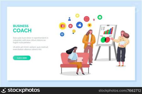 Business coach online of women cooperation for financial consultation. Worker character with laptop on sofa, colleagues discussing growth graph. Website or webpage template, landing page vector. Training Online Business Coach Website Vector