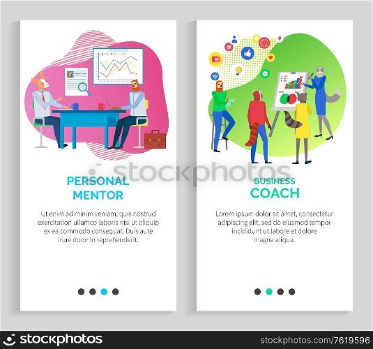 Business coach school for businessman vector, hipster animals giving presentation to students, presenter meeting and gathering of people. Website or slider app, landing page flat style. Professional Mentor and Business Coach Training