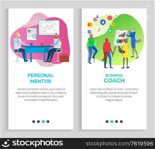 Business coach school for businessman vector, hipster animals giving presentation to students, presenter meeting and gathering of people. Website or slider app, landing page flat style. Professional Mentor and Business Coach Training