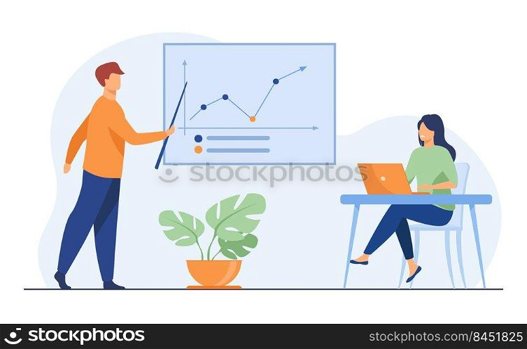 Business coach showing growth graph to businesswoman. Laptop, training, statistics flat vector illustration. Analytics and management concept for banner, website design or landing web page