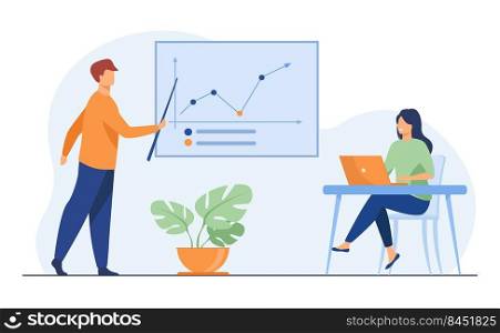Business coach showing growth graph to businesswoman. Laptop, training, statistics flat vector illustration. Analytics and management concept for banner, website design or landing web page