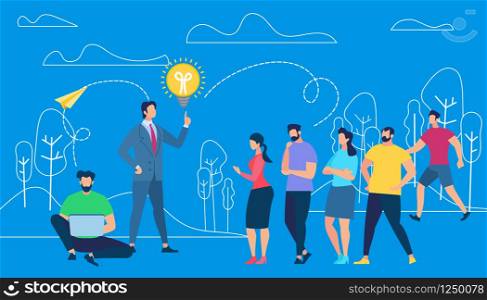 Business Coacher Training Employees on Blue Outline Nature Background with Trees and Clouds. Teambuilding. Man with Light Bulb Above of Finger. Corporate Coaching. Cartoon Flat Vector Illustration. Business Coacher Training Employees Open Air