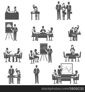 Business coaching black icons set. Effective business internal coaching forms and tactics in pictograms black icons set abstract isolated vector illustration