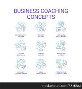 Business coaching blue gradient concept icons set. Learning experience idea thin line color illustrations. Training. Effective feedback. Isolated symbols. Roboto-Medium, Myriad Pro-Bold fonts used. Business coaching blue gradient concept icons set
