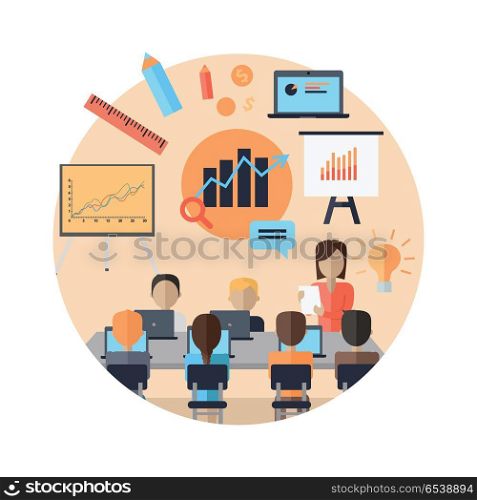 Business Coaching Concept. Woman making a presentation near whiteboard with infographics before an audience. Audience at the conference hall. Business seminar, conference meeting, office training, business coaching concept
