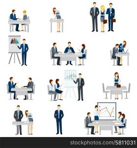 Business Coaching Icons Set . Business coaching icons set with discussion diagrams and team flat isolated vector illustration