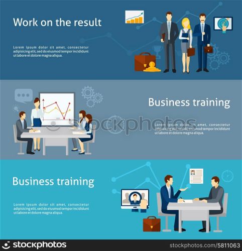 Business coaching investment flat banners set. Business coaching and personnel training as effective management strategy flat banners set poster abstract isolated vector illustration