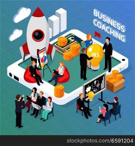Business coaching isometric composition, creative idea discussion for start up project, mentoring and personnel training vector illustration . Business Coaching Isometric Composition