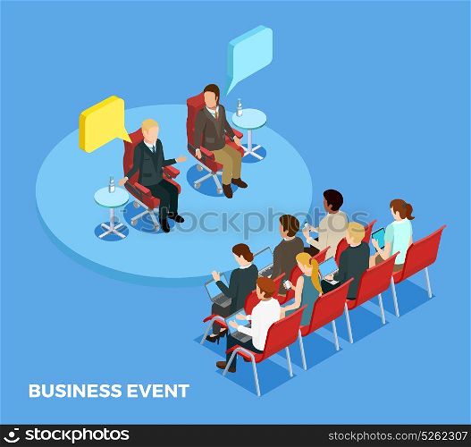 Business Coaching Isometric Template. Business coaching isometric template with personnel and speakers on training meeting isolated vector illustration
