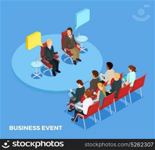 Business Coaching Isometric Template. Business coaching isometric template with personnel and speakers on training meeting isolated vector illustration