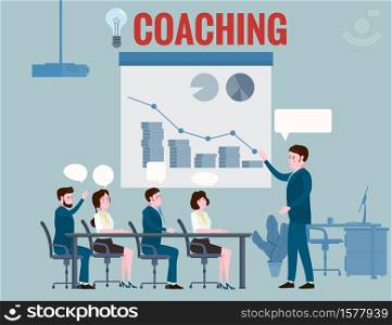Business coaching, people man and woman training talking, discussing in meeting room. Business coaching, people man and woman training talking, discussing in meeting room. With chart and graph statistics background. Vector isolated illistration cartoon flat style