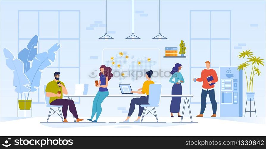 Business Coffee Break at Work. Takeaway Hot Beverage Fast Order and Express Delivery to Office. Online Service Advertisement. Coworkers Staff Having Rest during Working Day. Vector Illustration