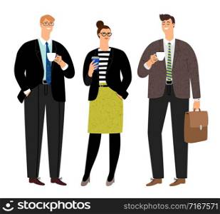 Business coffee break. Office people persons group with tea caps, businesswoman and businessmen friendly talking and drinking coffee, vector illustration. Business coffee break