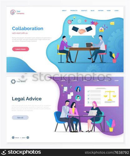 Business collaboration and legal advice online, people discussing and consultation. Lawyer and clients, teamwork cooperation, brainstorming vector. Website or webpage template, landing page flat style. Man and Woman Brainstorming, Teamwork Web Vector