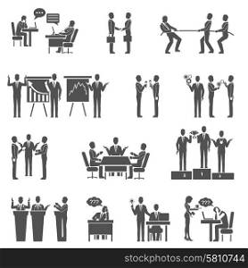 Business collaboration teamwork brainstorming black icons set isolated vector illustration. Collaboration Icons Set