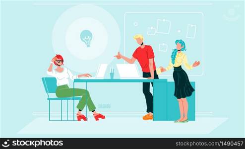Business Colleagues Brainstorm At Office Vector. Characters People Meeting And Brainstorm, Share Ideas, Discussing And Communication In Conference Room. Partnership Flat Cartoon Illustration. Business Colleagues Brainstorm At Office Vector Illustration