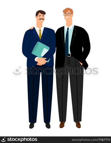 Business colleagues, confident partners isolated on white. Confident businessman, professional businesspeople partnership. Vector illustration. Business colleagues, confident partners isolated on white
