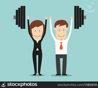 Business colleagues holding a heavy barbell above heads for teamwork or partnership business concept design. Cartoon flat style. Business team holding a barbell above heads