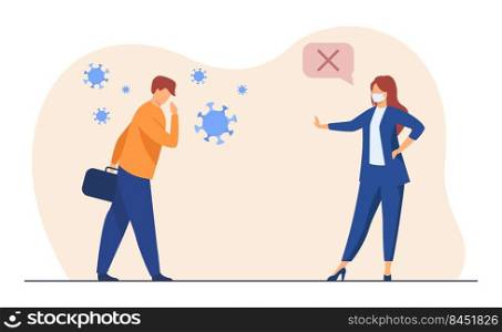 Business colleagues keeping social distance. Covid infected person, meeting in mask. Flat vector illustration. Coronavirus, epidemic concept for banner, website design or landing web page