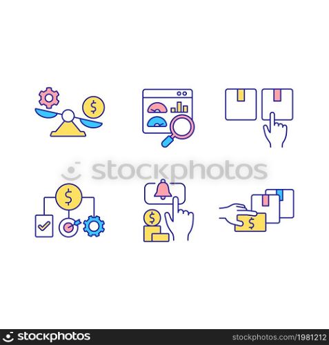 Business commerce RGB color icons set. Financial operations for company profit. Setting prices. Economic strategy. Isolated vector illustrations. Simple filled line drawings collection. Business commerce RGB color icons set