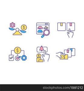Business commerce RGB color icons set. Financial operations for company profit. Setting prices. Economic strategy. Isolated vector illustrations. Simple filled line drawings collection. Business commerce RGB color icons set