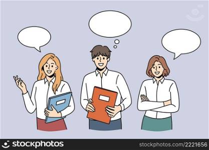Business communication and chat concept. Group of young business people coworkers standing with documents with speech bubble above communicating vector illustration . Business communication and chat concept.