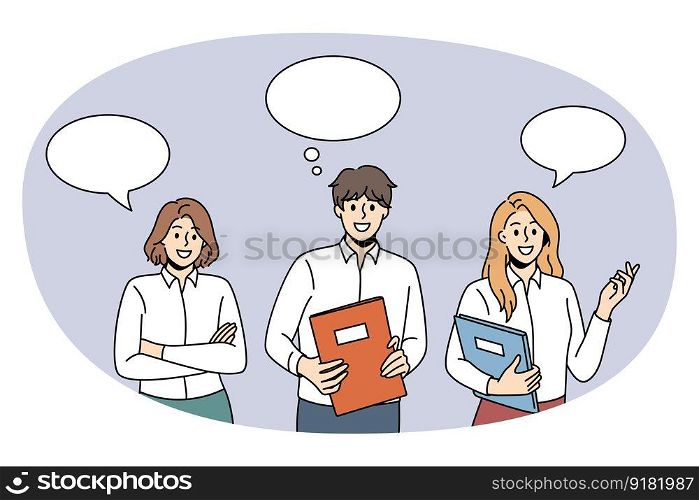 Business communication and chat concept. Group of young business people coworkers standing with documents with speech bubble above communicating vector illustration. Business communication and chat concept.