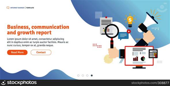Business, communication and growth report. Idea and strategy communication for growth and new investments. Template in flat design for web banner or infographic with icons in vector illustration.