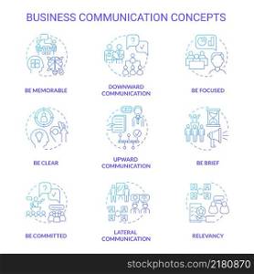 Business communication blue gradient concept icons set. Employee-boss relationship idea thin line color illustrations. Isolated outline drawings. Roboto-Medium, Myriad Pro-Bold fonts used. Business communication blue gradient concept icons set