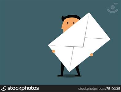 Business communication correspondence and document management concept design with cartoon businessman which carrying a huge paper postal envelope. Businessman with big paper postal envelope