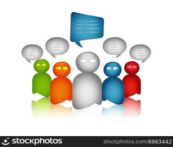 Business communication. Dialogue between different and diverse people. Crowd talking. Modern character with glasses. Interview. Isolated 3d Illustration