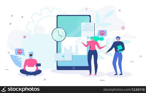 Business Communication Flat Vector Concept. Business People, Office Colleagues Connecting Trough Internet, Writing and Sending Messages, Coordinating Project Details, Sharing Files Online Illustration
