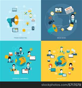 Business communication icons set with promo marketing media news conference online chat isolated vector illustration