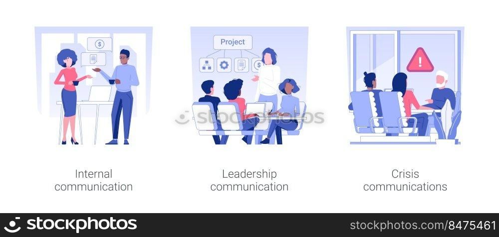 Business communication isolated concept vector illustration set. Internal communication, corporate leadership thinking, anticrisis strategy, business etiquette, company rules vector cartoon.. Business communication isolated concept vector illustrations.