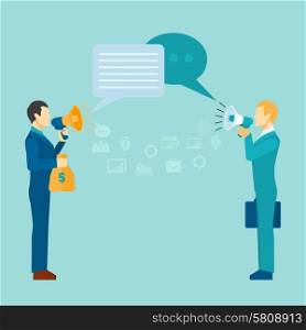 Business communication poster with businessmen talking with loudspeakers vector illustration. Business Communication Poster